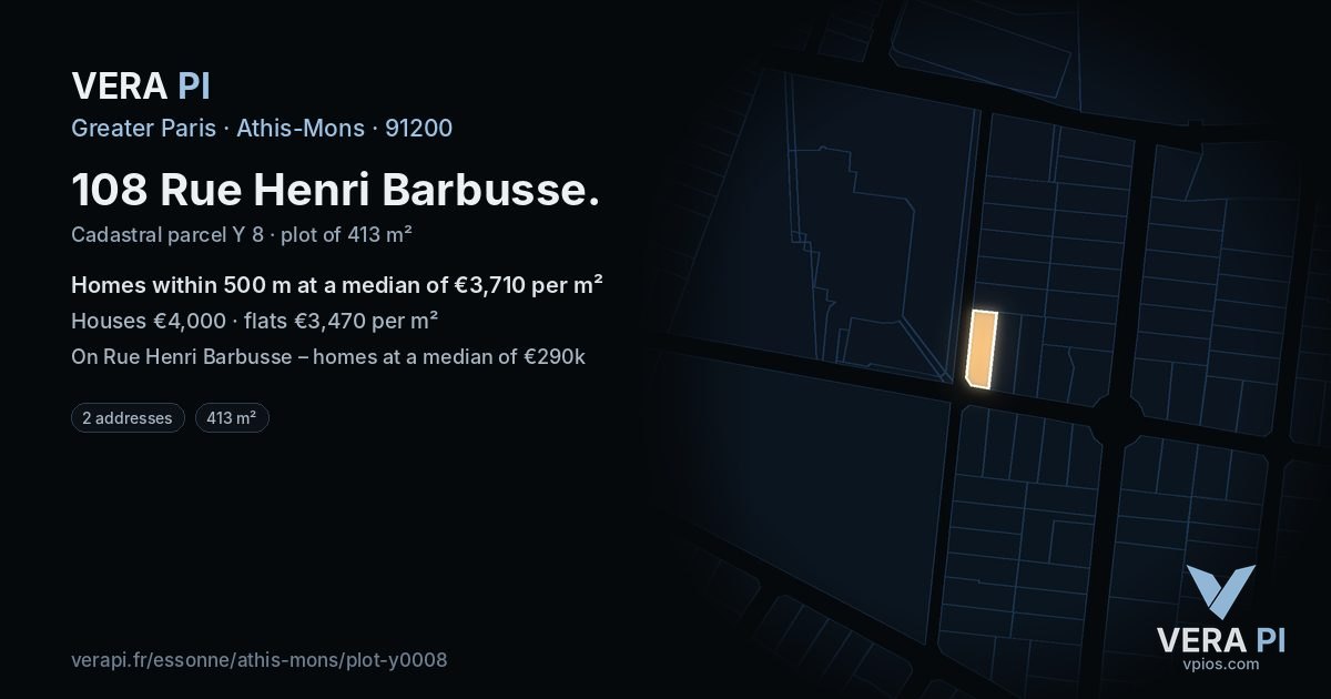 108 Rue Henri Barbusse, Athis-Mons at night – the plot lit, the parcels around coloured by the prices near them