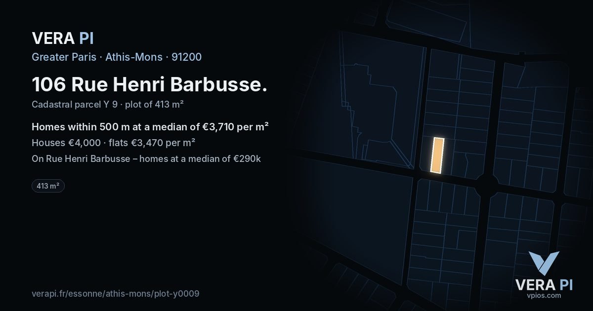 106 Rue Henri Barbusse, Athis-Mons at night – the plot lit, the parcels around coloured by the prices near them