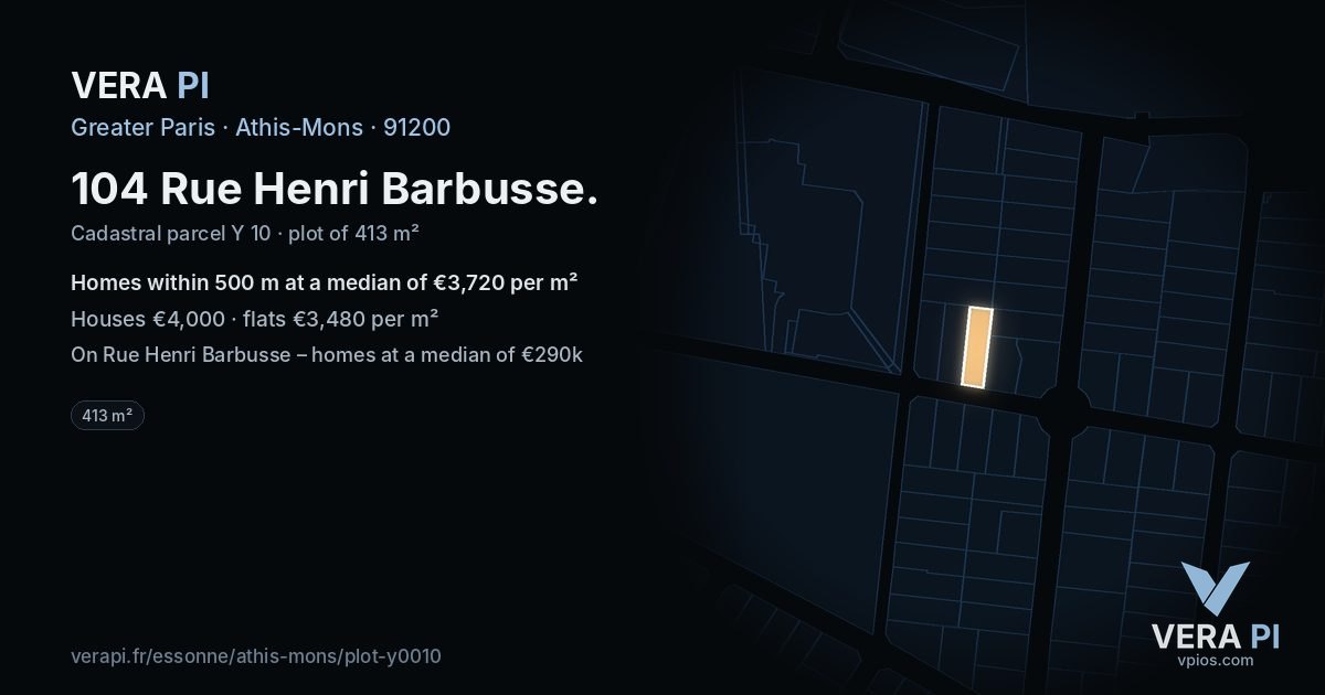 104 Rue Henri Barbusse, Athis-Mons at night – the plot lit, the parcels around coloured by the prices near them