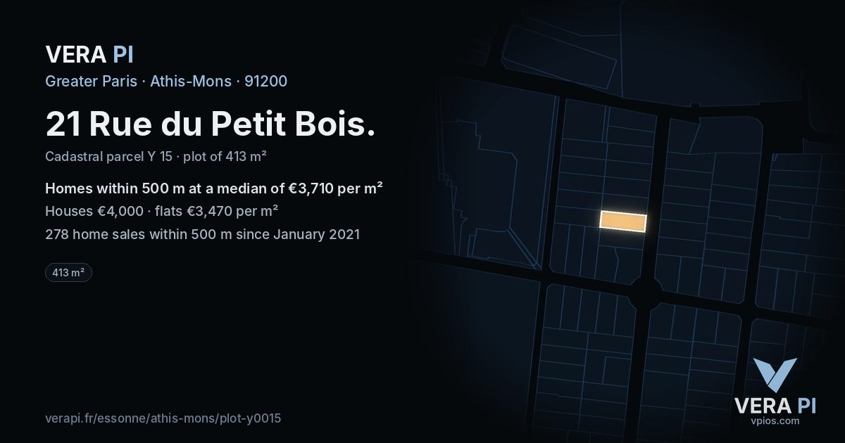 21 Rue du Petit Bois, Athis-Mons at night – the plot lit, the parcels around coloured by the prices near them