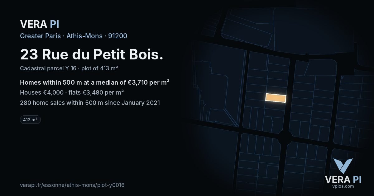 23 Rue du Petit Bois, Athis-Mons at night – the plot lit, the parcels around coloured by the prices near them