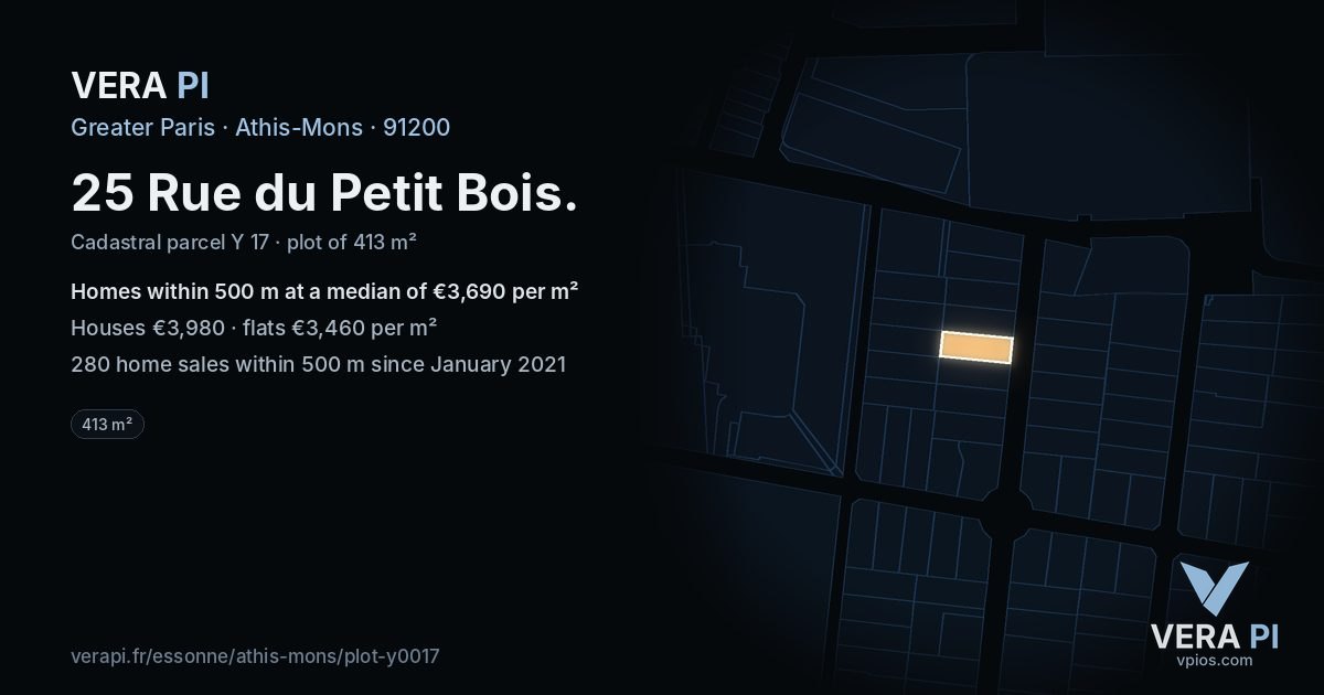 25 Rue du Petit Bois, Athis-Mons at night – the plot lit, the parcels around coloured by the prices near them