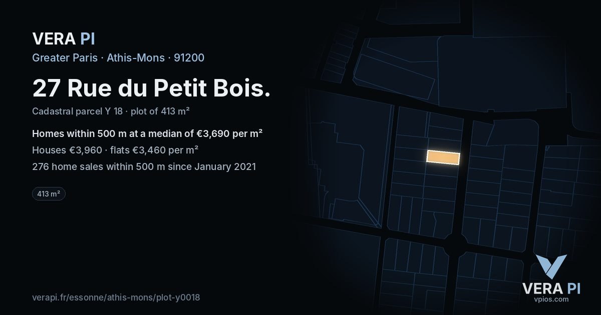 27 Rue du Petit Bois, Athis-Mons at night – the plot lit, the parcels around coloured by the prices near them