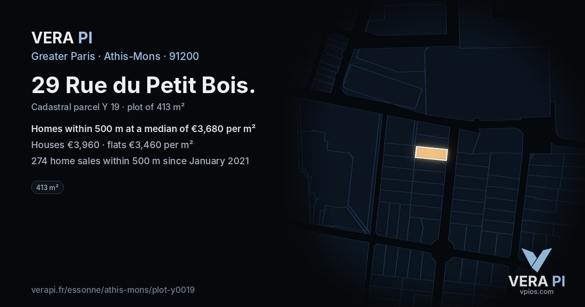 29 Rue du Petit Bois, Athis-Mons at night – the plot lit, the parcels around coloured by the prices near them