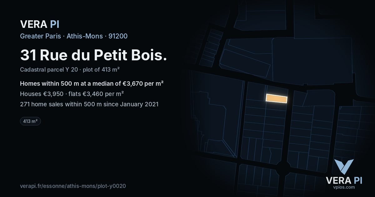31 Rue du Petit Bois, Athis-Mons at night – the plot lit, the parcels around coloured by the prices near them