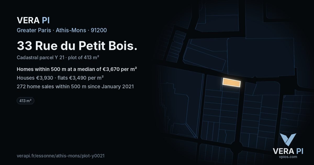 33 Rue du Petit Bois, Athis-Mons at night – the plot lit, the parcels around coloured by the prices near them