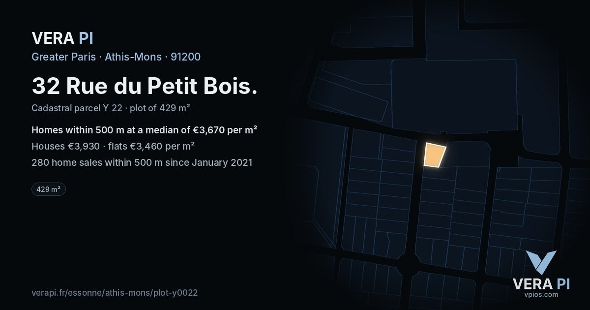 32 Rue du Petit Bois, Athis-Mons at night – the plot lit, the parcels around coloured by the prices near them