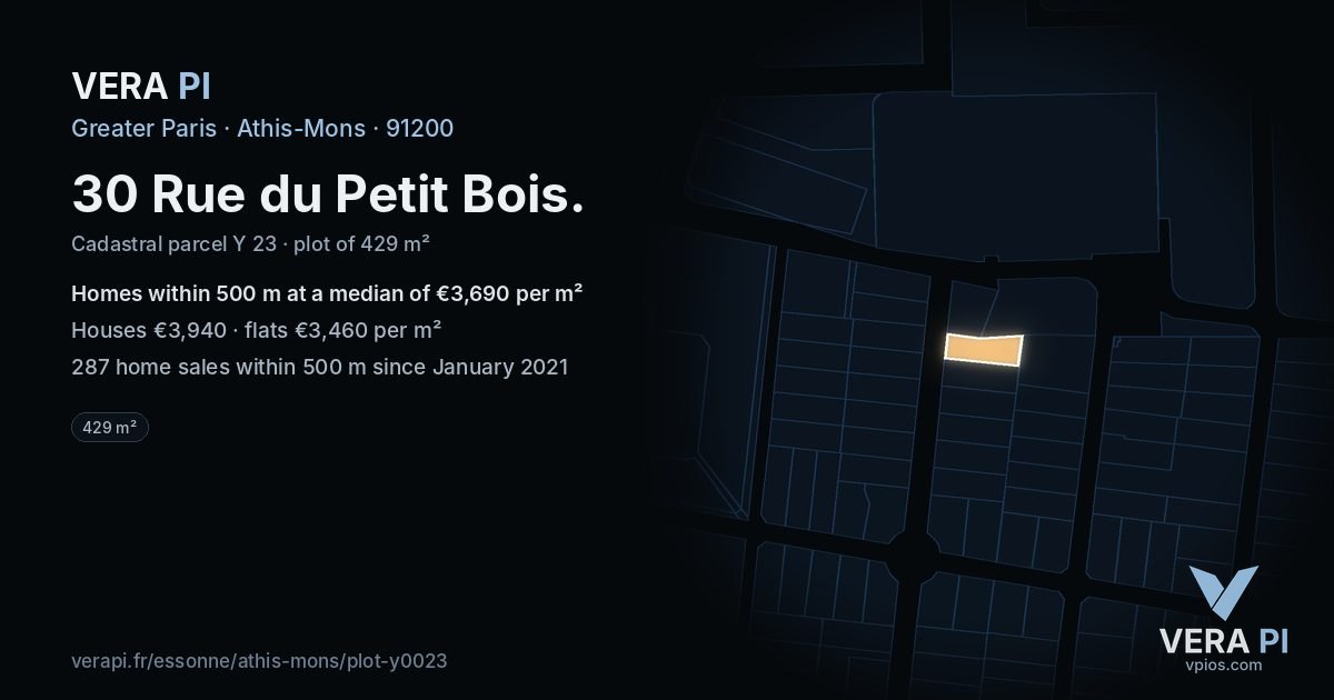 30 Rue du Petit Bois, Athis-Mons at night – the plot lit, the parcels around coloured by the prices near them