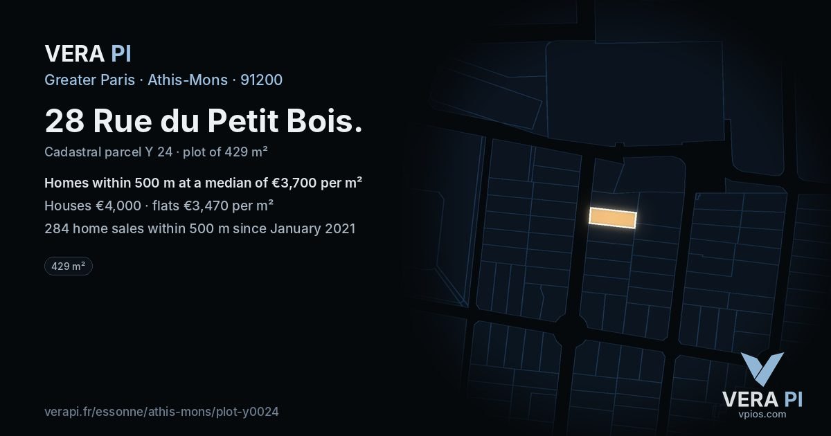 28 Rue du Petit Bois, Athis-Mons at night – the plot lit, the parcels around coloured by the prices near them