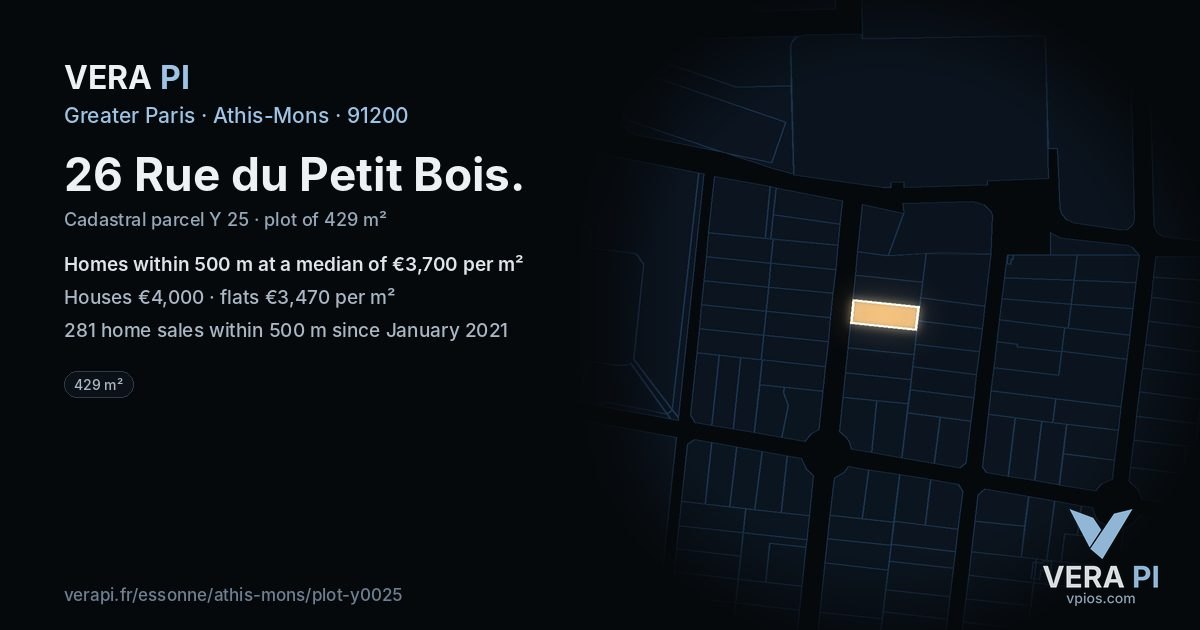 26 Rue du Petit Bois, Athis-Mons at night – the plot lit, the parcels around coloured by the prices near them