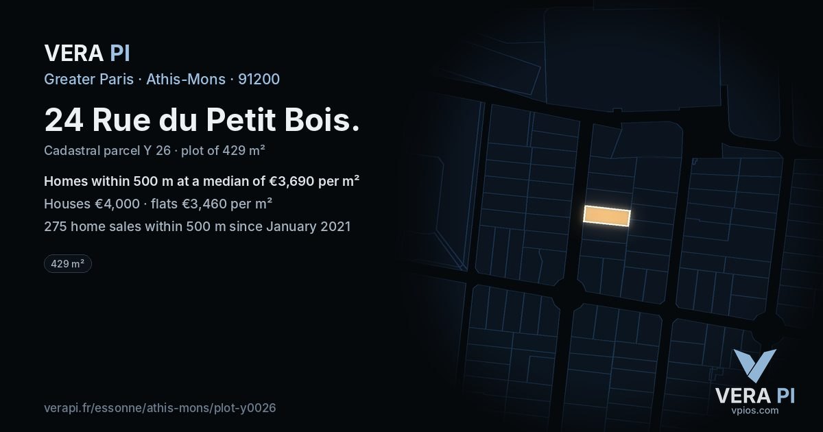 24 Rue du Petit Bois, Athis-Mons at night – the plot lit, the parcels around coloured by the prices near them