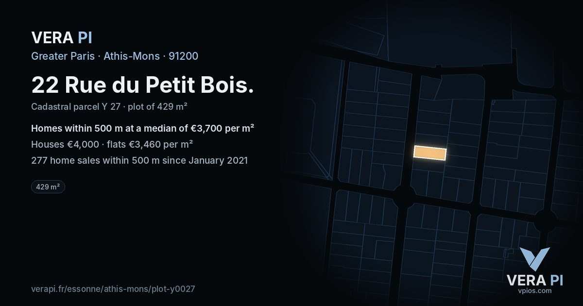 22 Rue du Petit Bois, Athis-Mons at night – the plot lit, the parcels around coloured by the prices near them