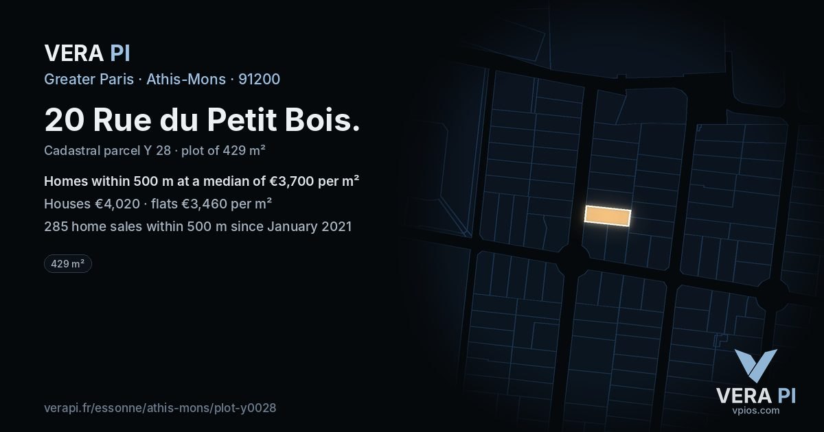 20 Rue du Petit Bois, Athis-Mons at night – the plot lit, the parcels around coloured by the prices near them
