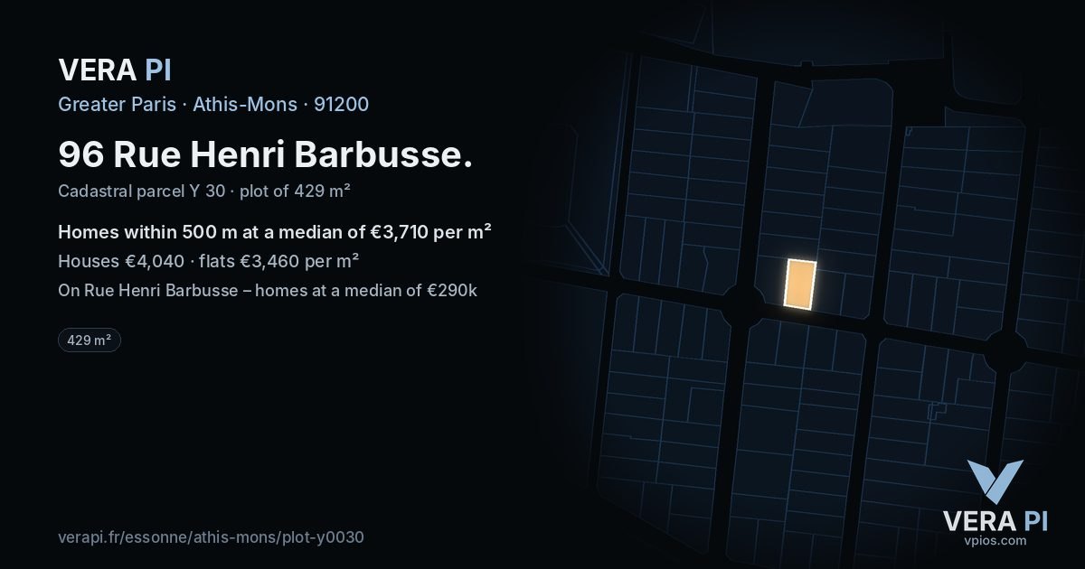 96 Rue Henri Barbusse, Athis-Mons at night – the plot lit, the parcels around coloured by the prices near them