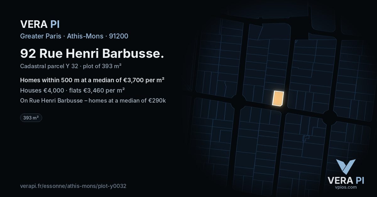 92 Rue Henri Barbusse, Athis-Mons at night – the plot lit, the parcels around coloured by the prices near them
