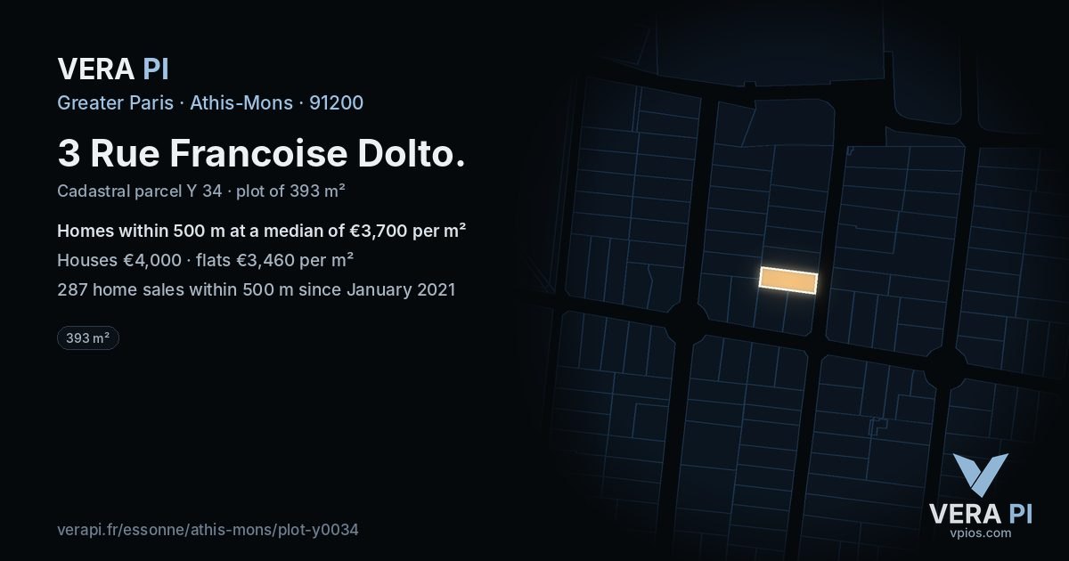 3 Rue Francoise Dolto, Athis-Mons at night – the plot lit, the parcels around coloured by the prices near them