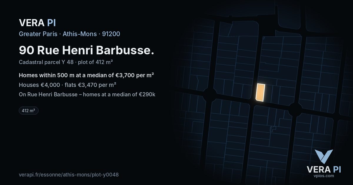 90 Rue Henri Barbusse, Athis-Mons at night – the plot lit, the parcels around coloured by the prices near them