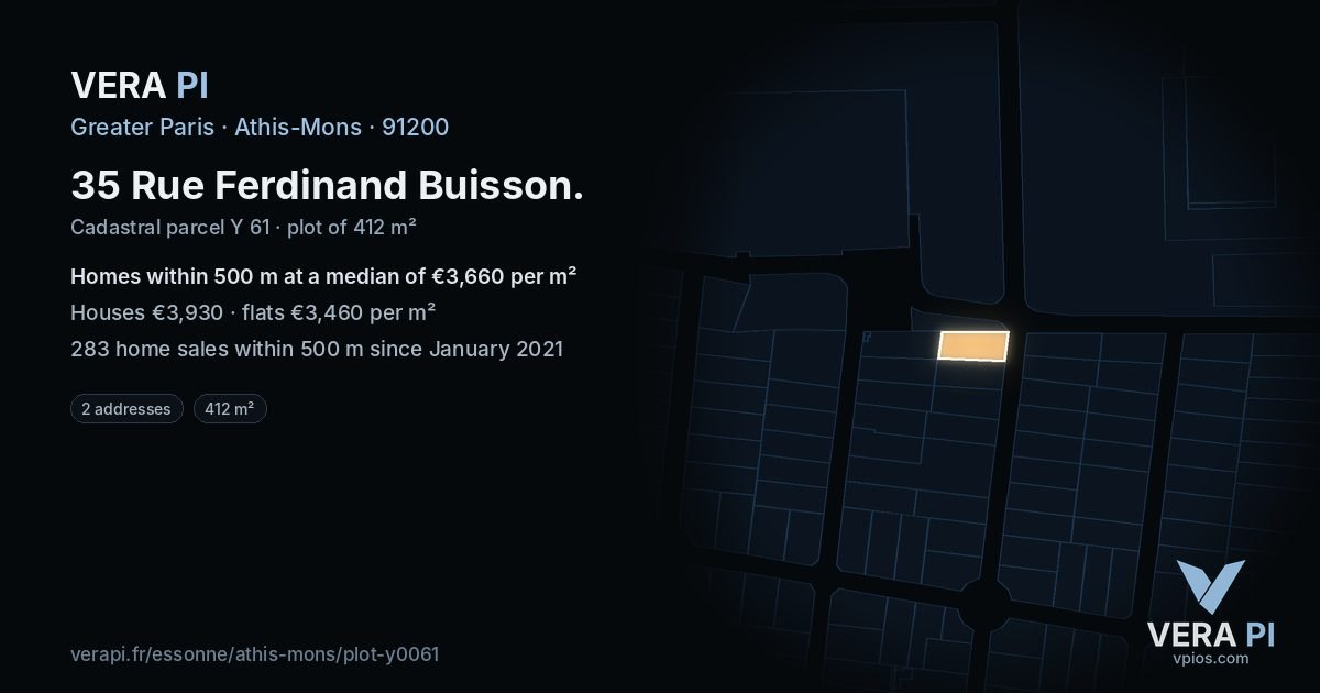 35 Rue Ferdinand Buisson, Athis-Mons at night – the plot lit, the parcels around coloured by the prices near them