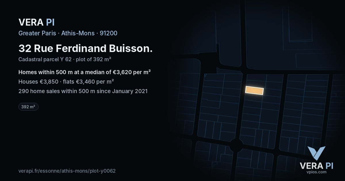 32 Rue Ferdinand Buisson, Athis-Mons at night – the plot lit, the parcels around coloured by the prices near them