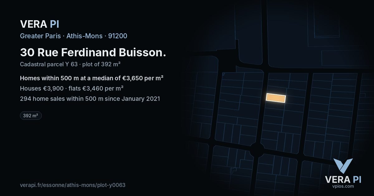 30 Rue Ferdinand Buisson, Athis-Mons at night – the plot lit, the parcels around coloured by the prices near them