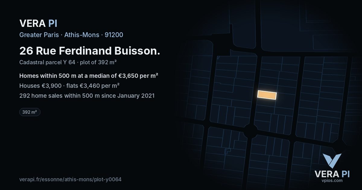 26 Rue Ferdinand Buisson, Athis-Mons at night – the plot lit, the parcels around coloured by the prices near them