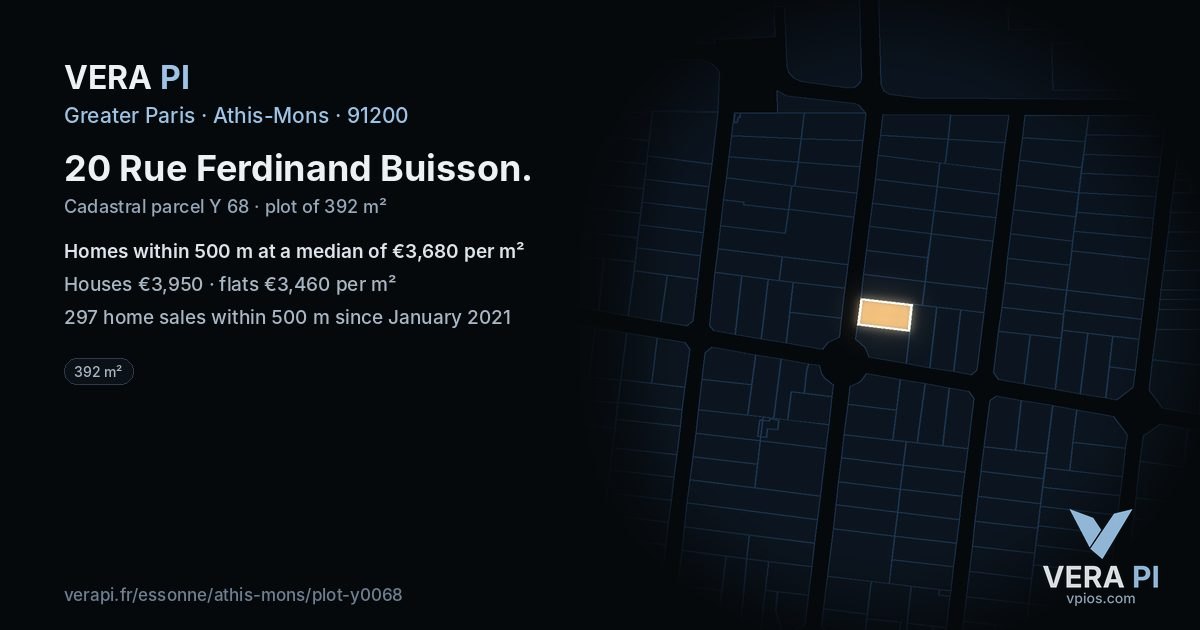 20 Rue Ferdinand Buisson, Athis-Mons at night – the plot lit, the parcels around coloured by the prices near them