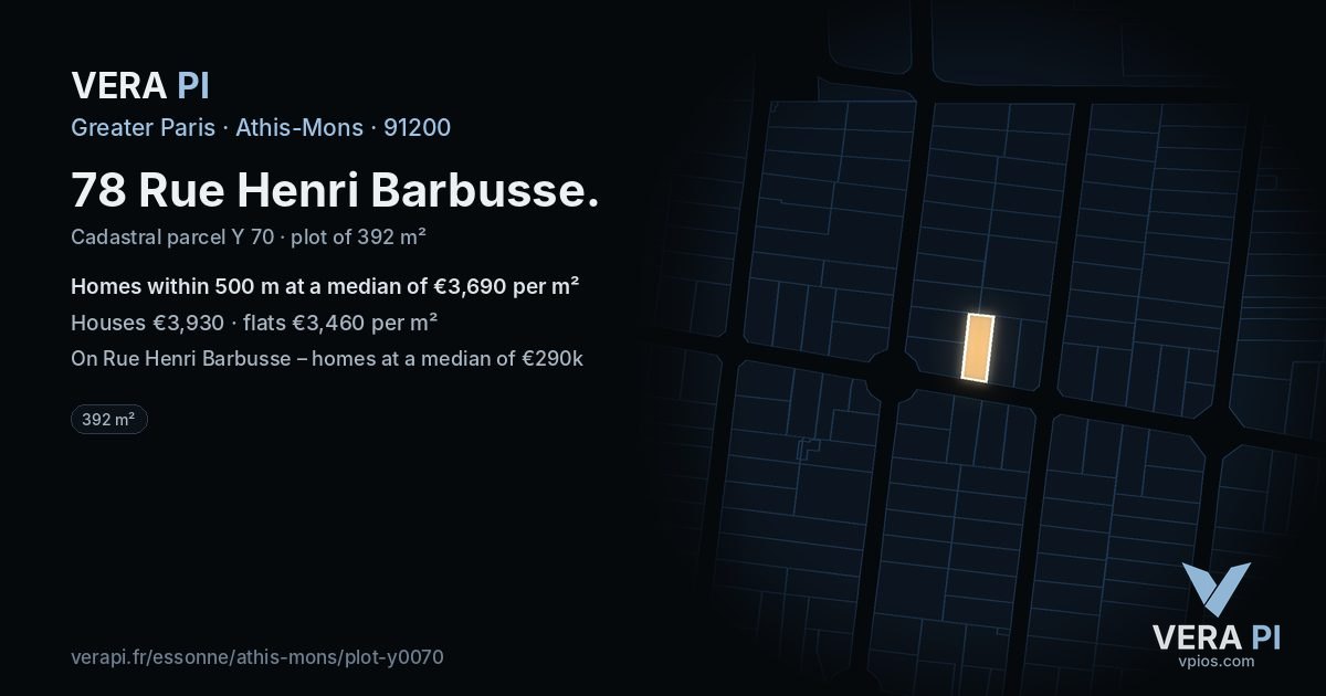 78 Rue Henri Barbusse, Athis-Mons at night – the plot lit, the parcels around coloured by the prices near them