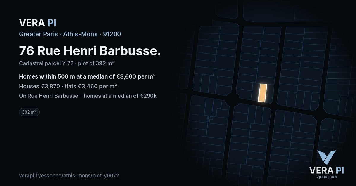 76 Rue Henri Barbusse, Athis-Mons at night – the plot lit, the parcels around coloured by the prices near them