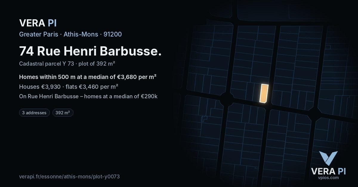 74 Rue Henri Barbusse, Athis-Mons at night – the plot lit, the parcels around coloured by the prices near them