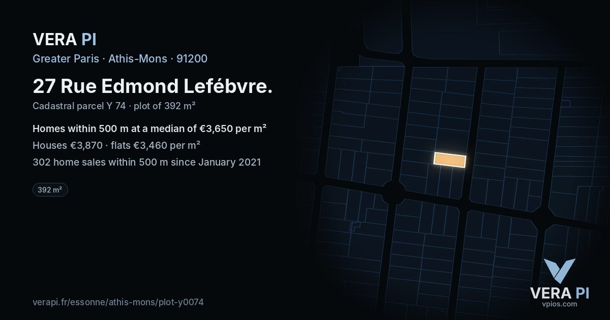 27 Rue Edmond Lefébvre, Athis-Mons at night – the plot lit, the parcels around coloured by the prices near them