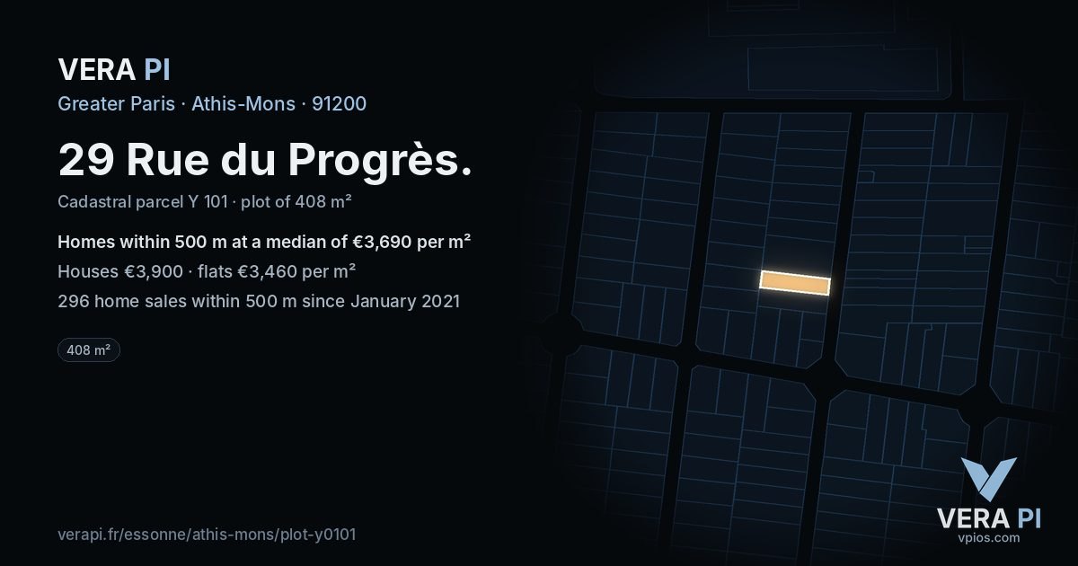 29 Rue du Progrès, Athis-Mons at night – the plot lit, the parcels around coloured by the prices near them