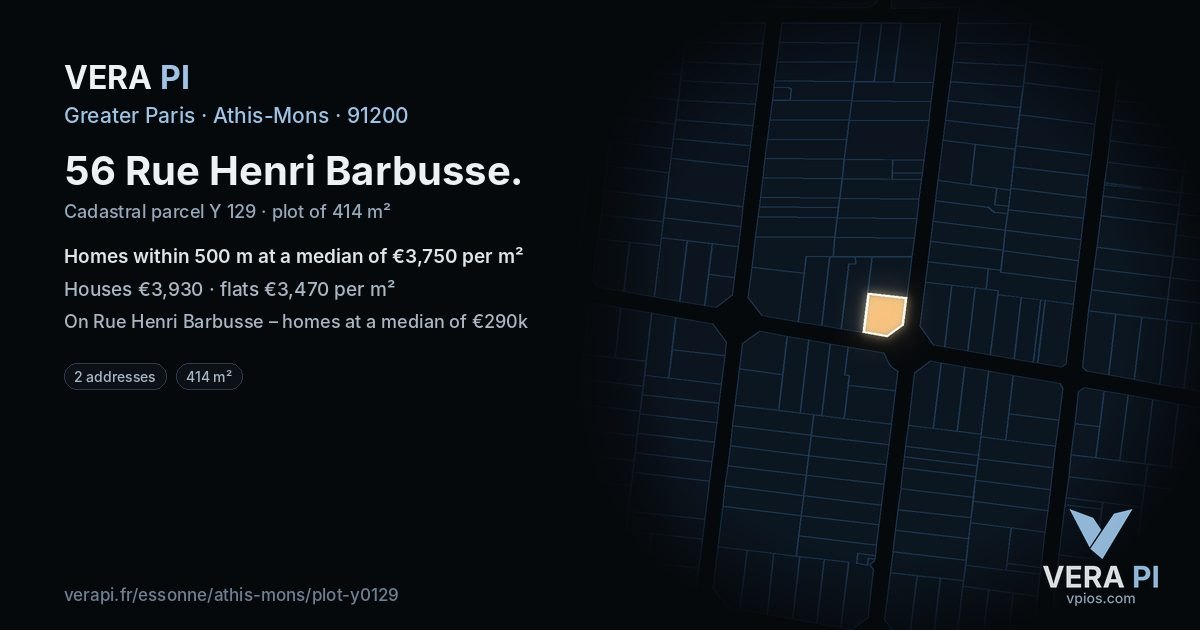 56 Rue Henri Barbusse, Athis-Mons at night – the plot lit, the parcels around coloured by the prices near them