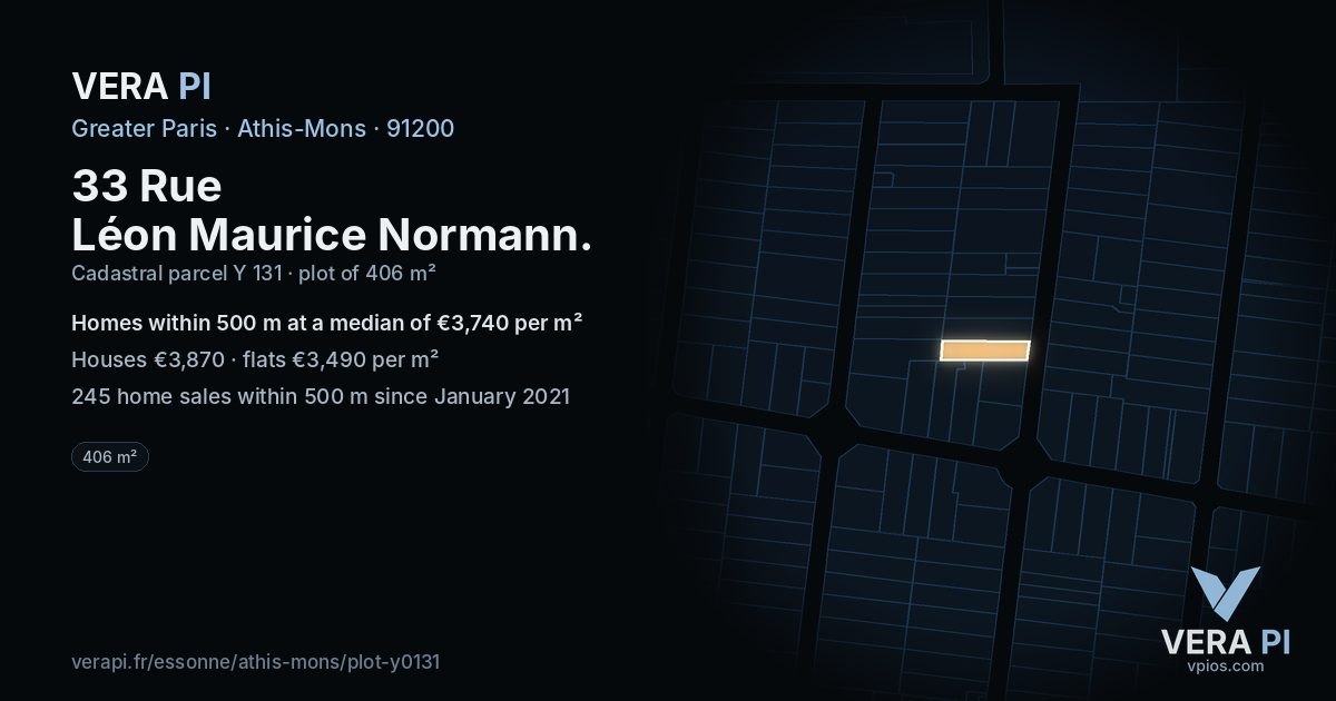 33 Rue Léon Maurice Normann, Athis-Mons at night – the plot lit, the parcels around coloured by the prices near them