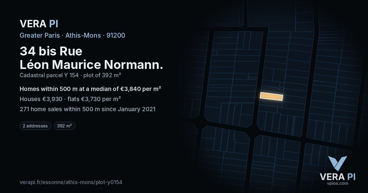 34 bis Rue Léon Maurice Normann, Athis-Mons at night – the plot lit, the parcels around coloured by the prices near them