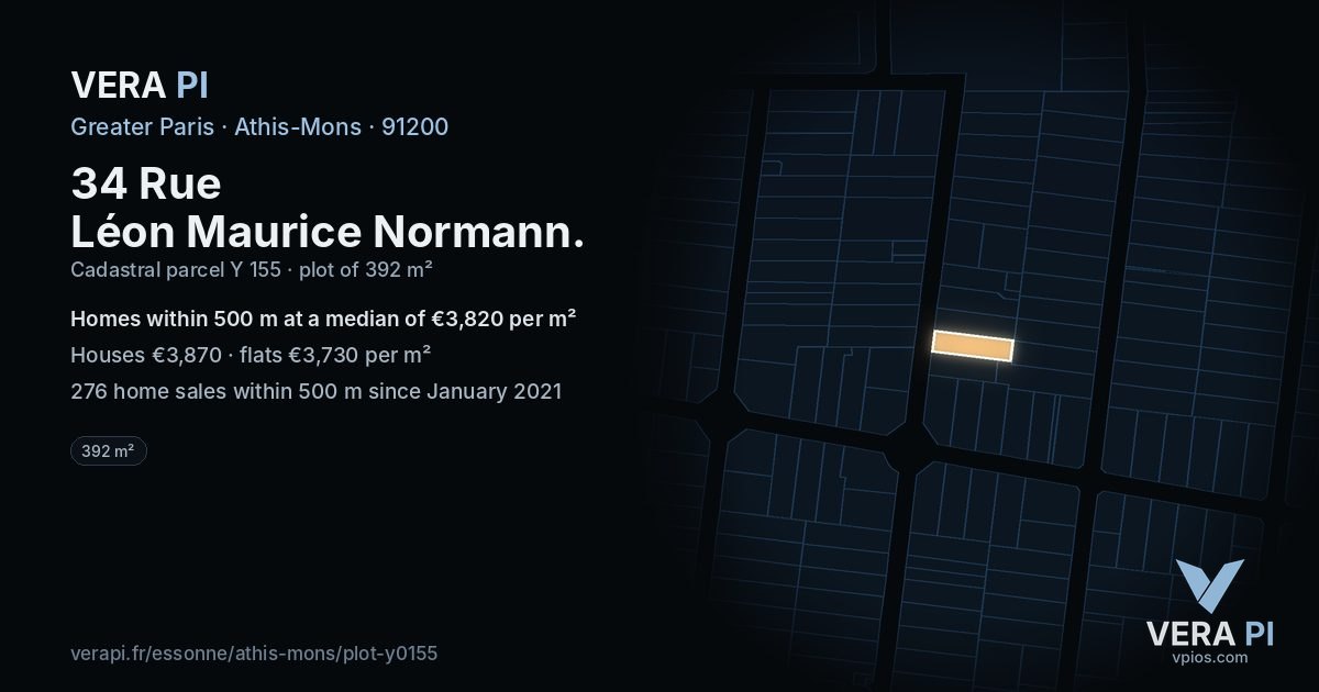 34 Rue Léon Maurice Normann, Athis-Mons at night – the plot lit, the parcels around coloured by the prices near them