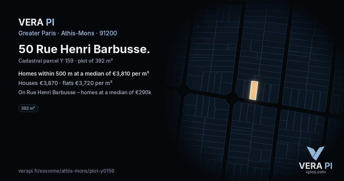 50 Rue Henri Barbusse, Athis-Mons at night – the plot lit, the parcels around coloured by the prices near them