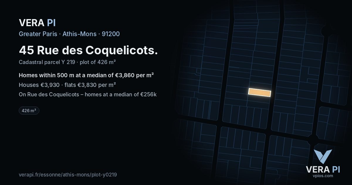 45 Rue des Coquelicots, Athis-Mons at night – the plot lit, the parcels around coloured by the prices near them