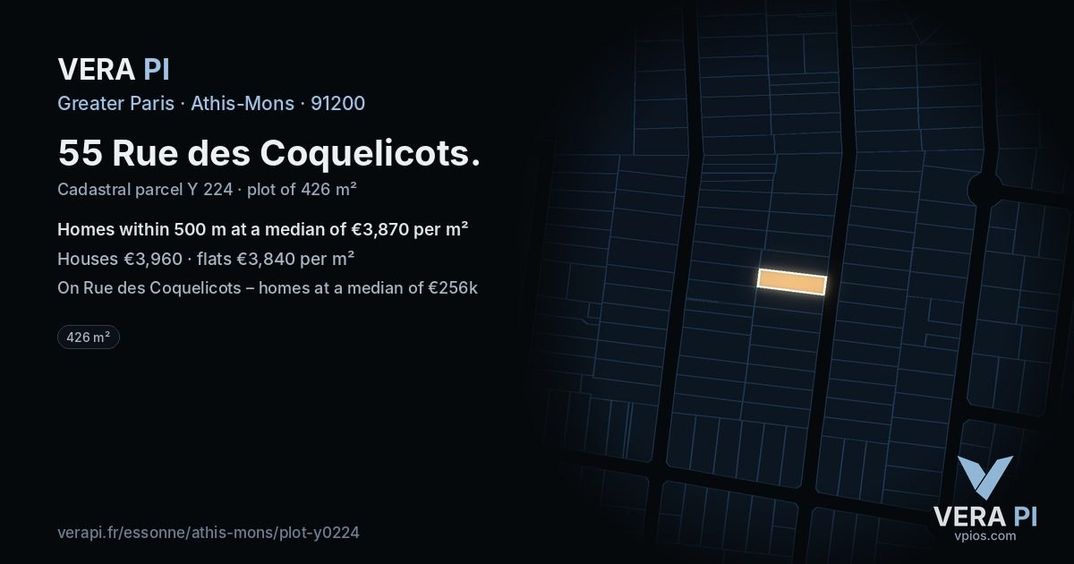 55 Rue des Coquelicots, Athis-Mons at night – the plot lit, the parcels around coloured by the prices near them