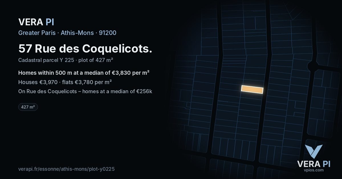 57 Rue des Coquelicots, Athis-Mons at night – the plot lit, the parcels around coloured by the prices near them