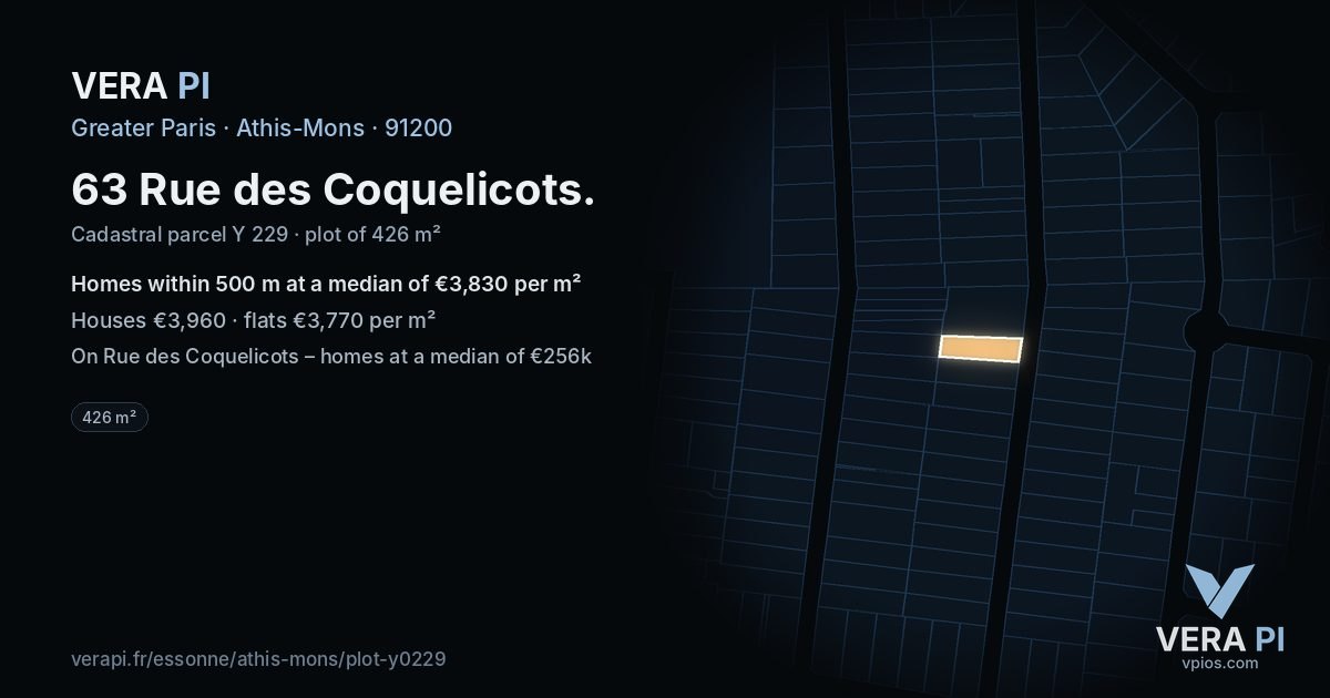 63 Rue des Coquelicots, Athis-Mons at night – the plot lit, the parcels around coloured by the prices near them