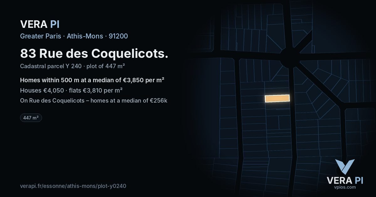 83 Rue des Coquelicots, Athis-Mons at night – the plot lit, the parcels around coloured by the prices near them