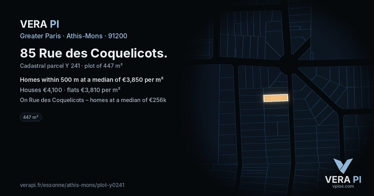 85 Rue des Coquelicots, Athis-Mons at night – the plot lit, the parcels around coloured by the prices near them
