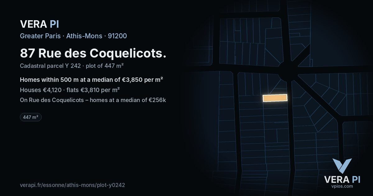 87 Rue des Coquelicots, Athis-Mons at night – the plot lit, the parcels around coloured by the prices near them