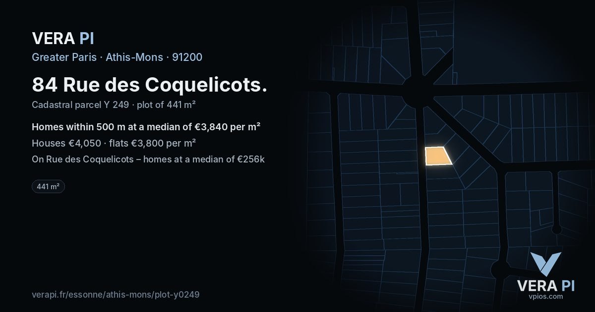 84 Rue des Coquelicots, Athis-Mons at night – the plot lit, the parcels around coloured by the prices near them