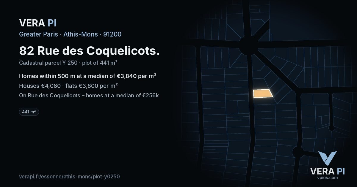 82 Rue des Coquelicots, Athis-Mons at night – the plot lit, the parcels around coloured by the prices near them