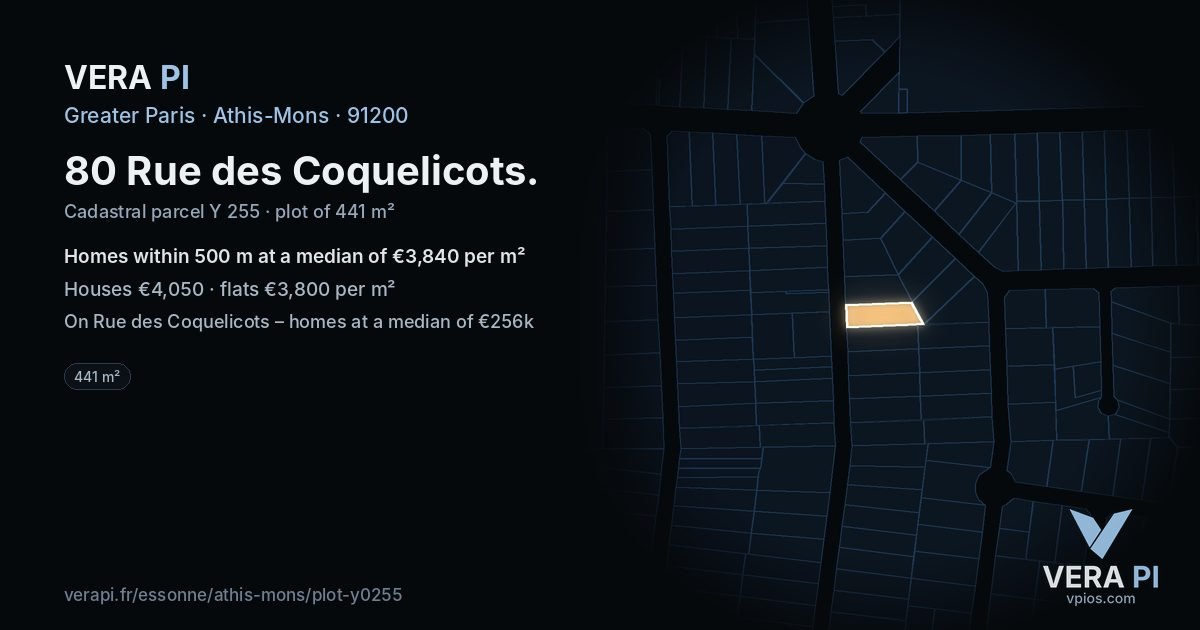 80 Rue des Coquelicots, Athis-Mons at night – the plot lit, the parcels around coloured by the prices near them