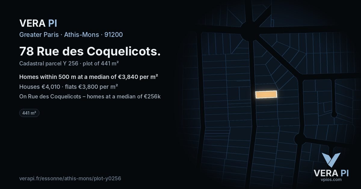 78 Rue des Coquelicots, Athis-Mons at night – the plot lit, the parcels around coloured by the prices near them