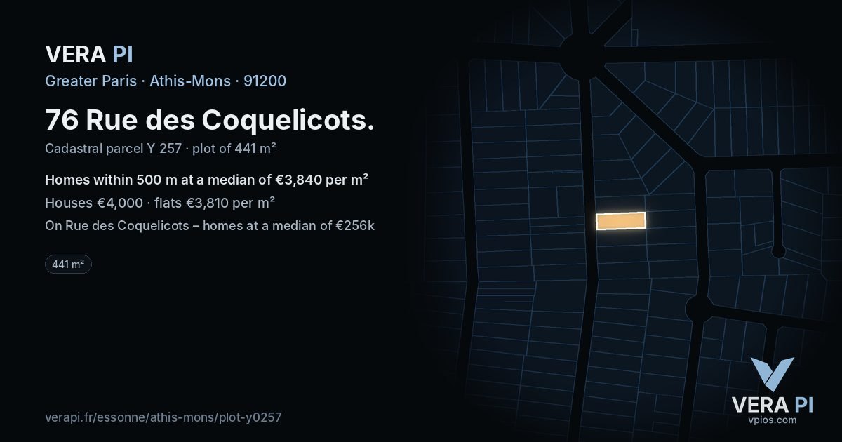 76 Rue des Coquelicots, Athis-Mons at night – the plot lit, the parcels around coloured by the prices near them