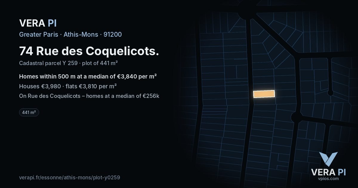 74 Rue des Coquelicots, Athis-Mons at night – the plot lit, the parcels around coloured by the prices near them