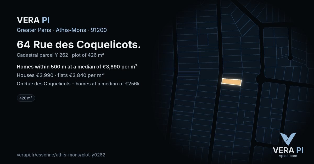 64 Rue des Coquelicots, Athis-Mons at night – the plot lit, the parcels around coloured by the prices near them